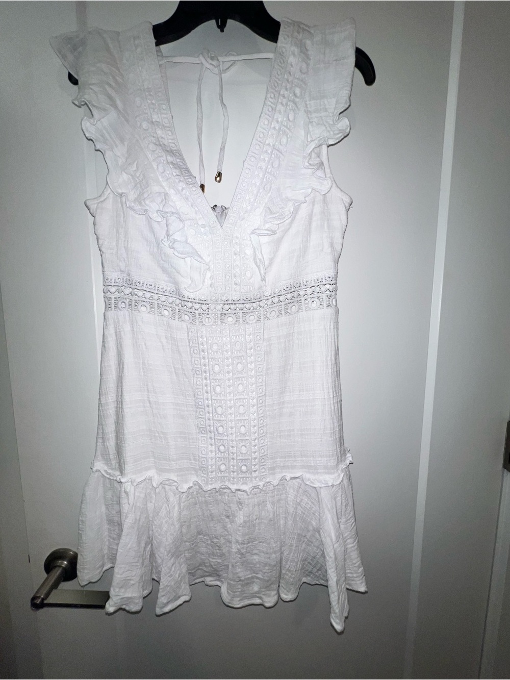 White Ruffle-Trim V-Neck Mini Dress